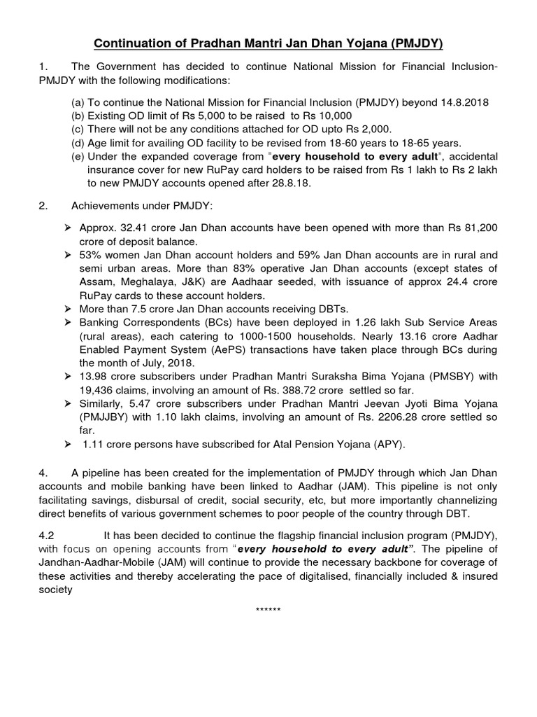 PMJDY Continuation with Higher OD Limit and Insurance Cover PDF