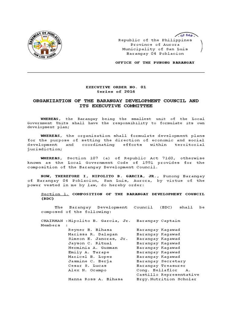 EXECUTIVE ORDERS BBIs PDF Gender And Development Executive Order