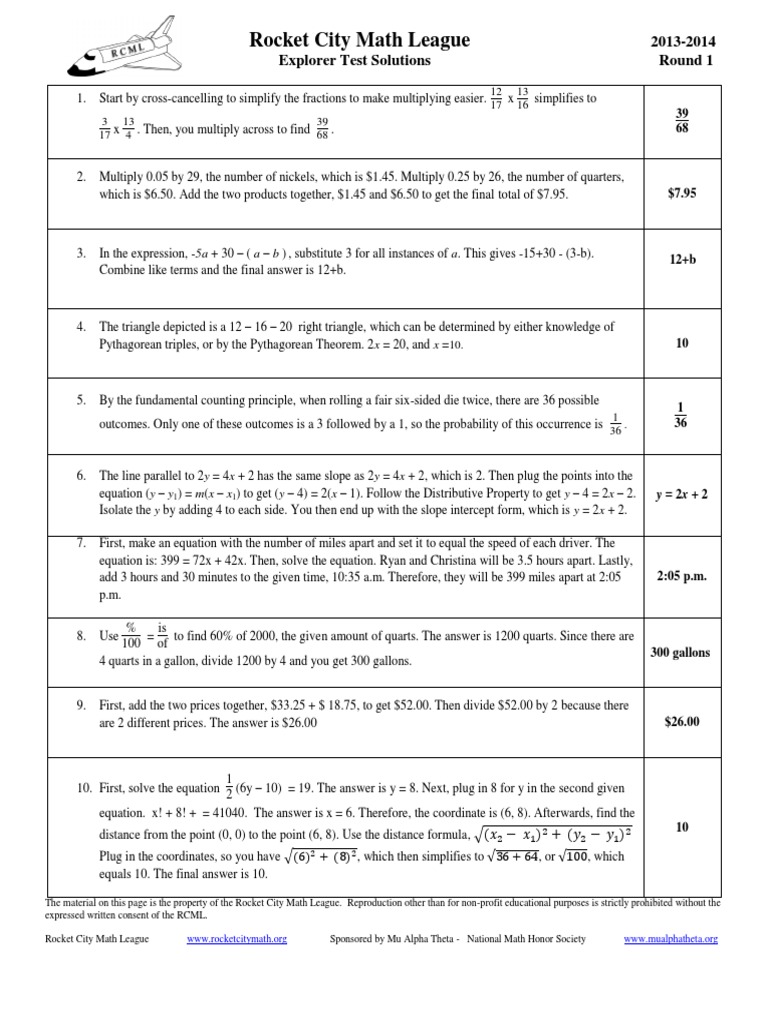 Rocket City Math League Solutions 2013-14 | PDF | Mathematical Objects ...