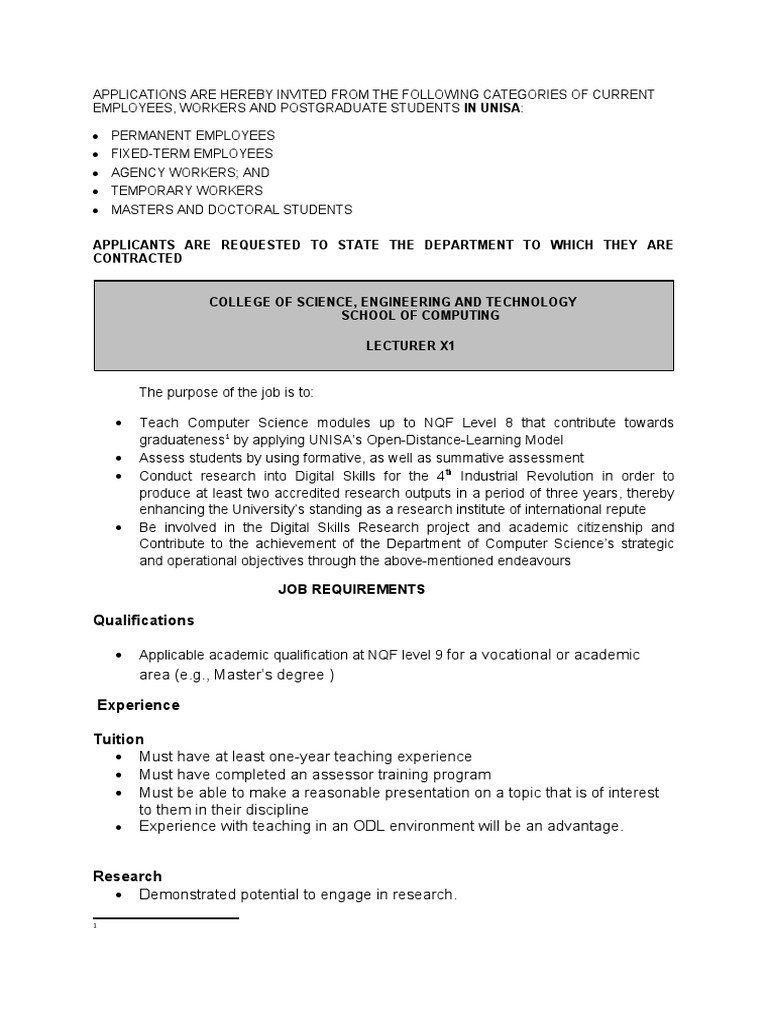 UNISA Lecturer Position in Computer Science | PDF | Lecturer ...