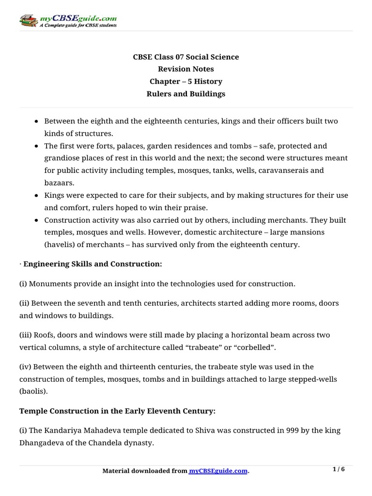 CBSE Class 07 Social Science Revision Notes Chapter 5 History Rulers
