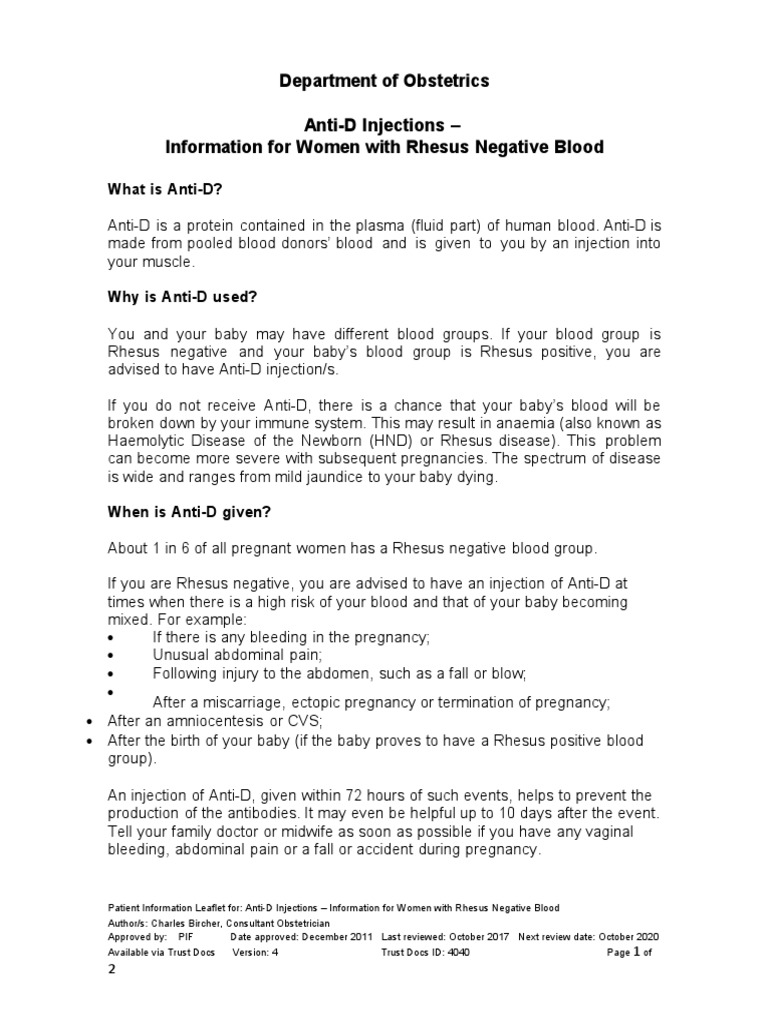 Anti D Injections For Women With Rhesus Negative Blood A019 PDF | PDF ...