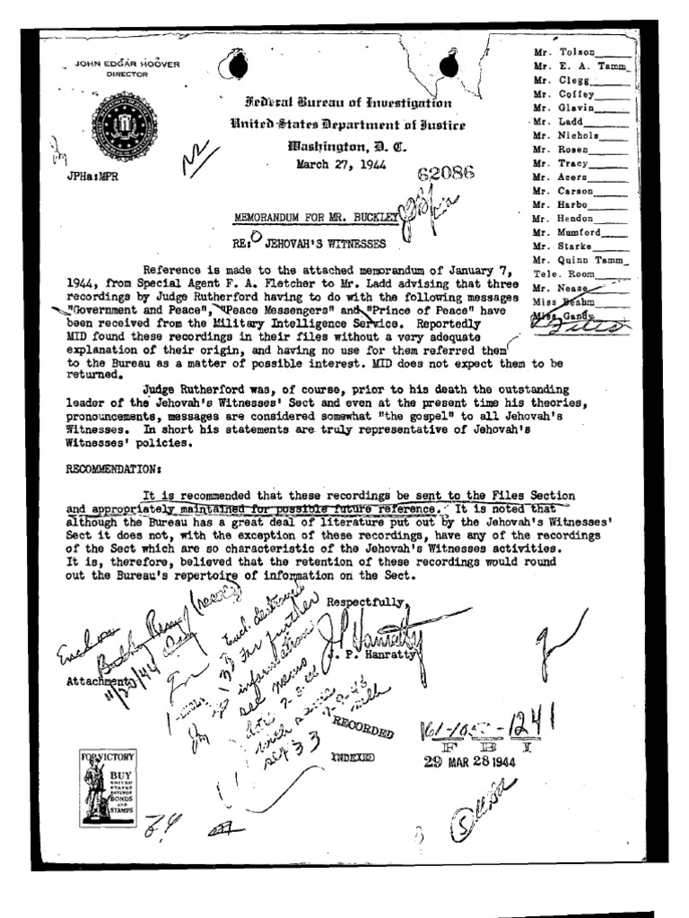 FBI Memorandum on Jehovah's Witnesses | PDF