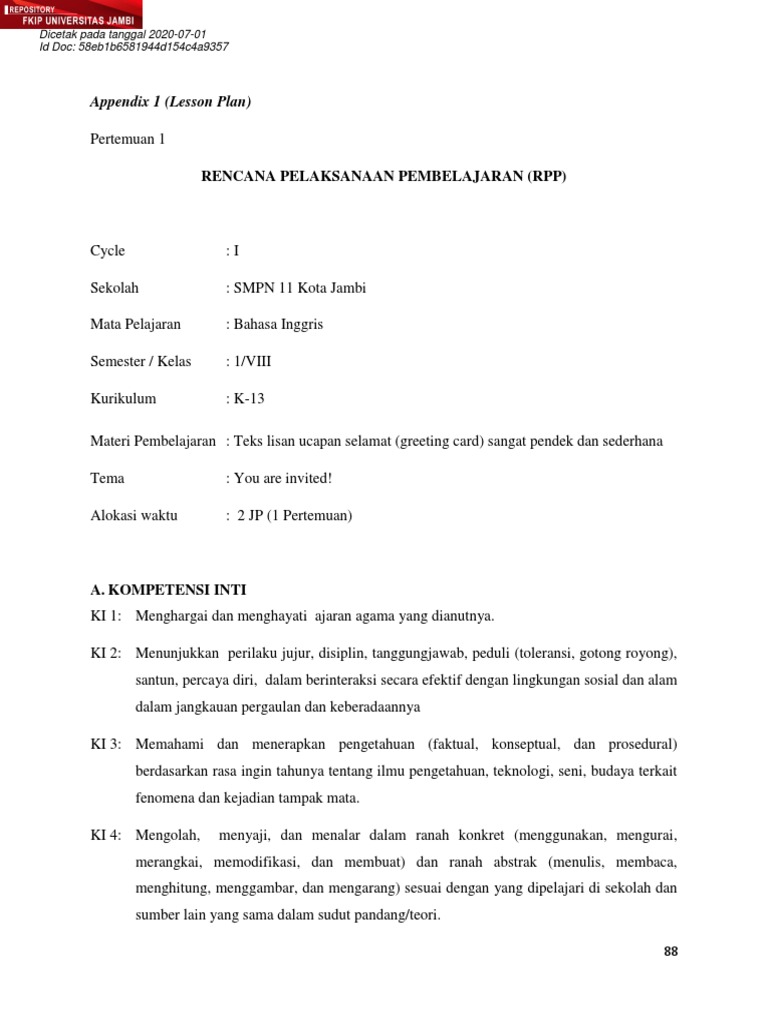 Rencana Pelaksanaan Pembelajaran (RPP) : Appendix 1 (Lesson Plan) | PDF