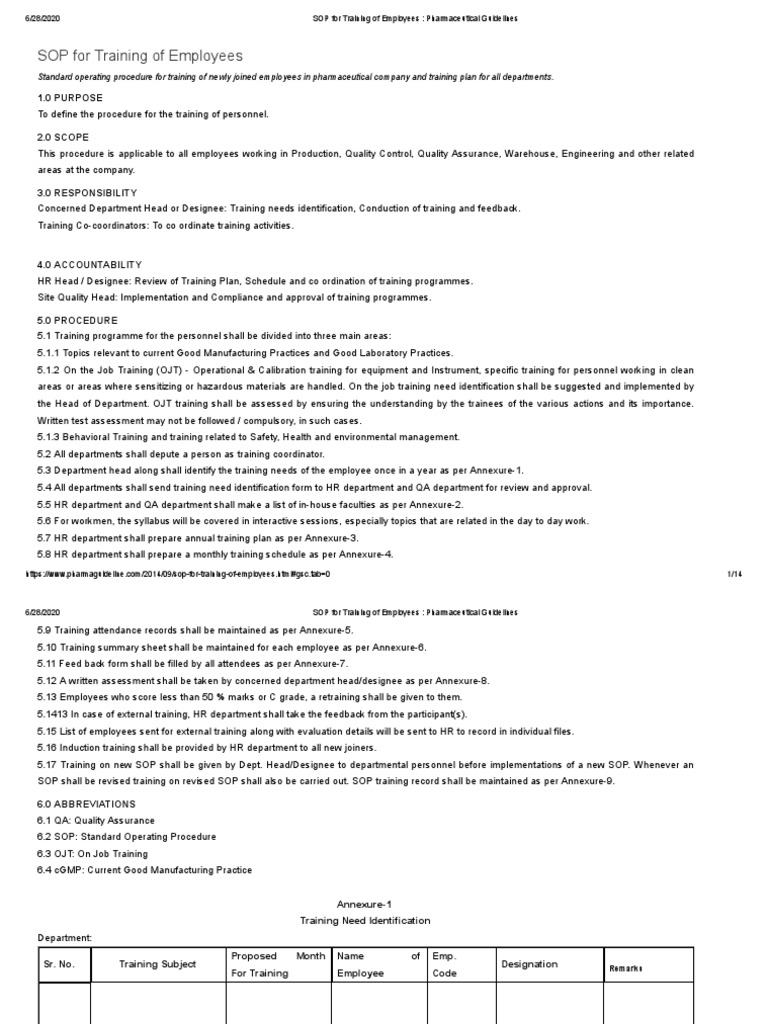 SOP For Training of Employees - Pharmaceutical Guidelines | PDF ...