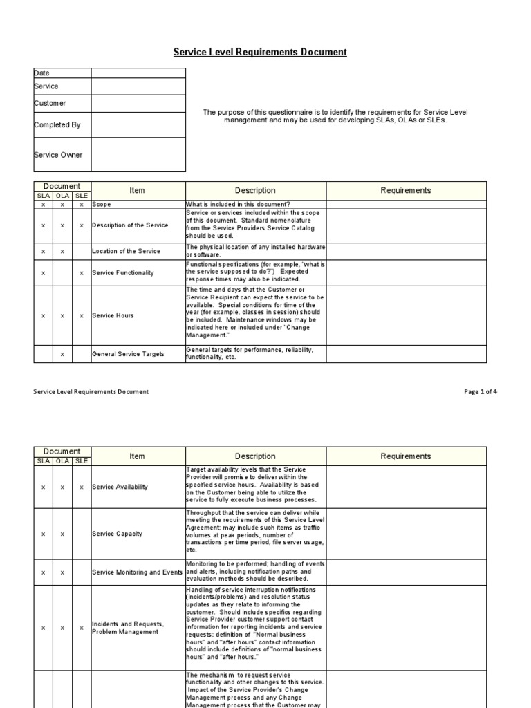 Service Level Requirements Template PDF Service Level Agreement
