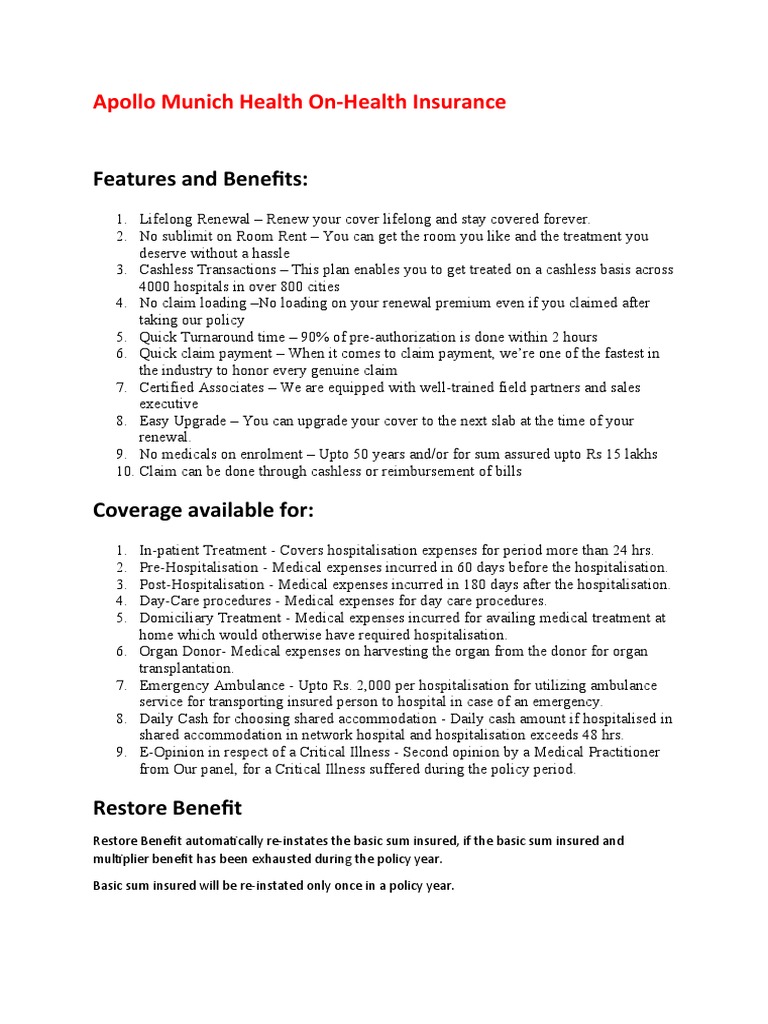 Apollo Munich Health Insurance Overview | PDF | Insurance | Hospital