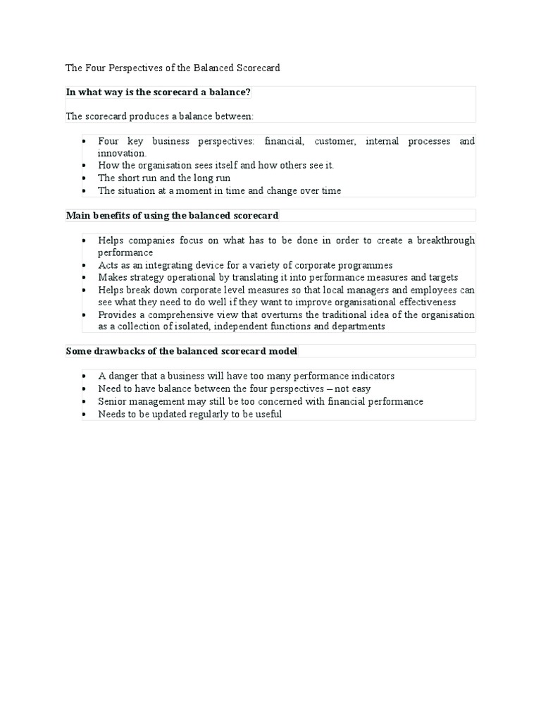 Four Perspectives of Balanced Scorecard | PDF