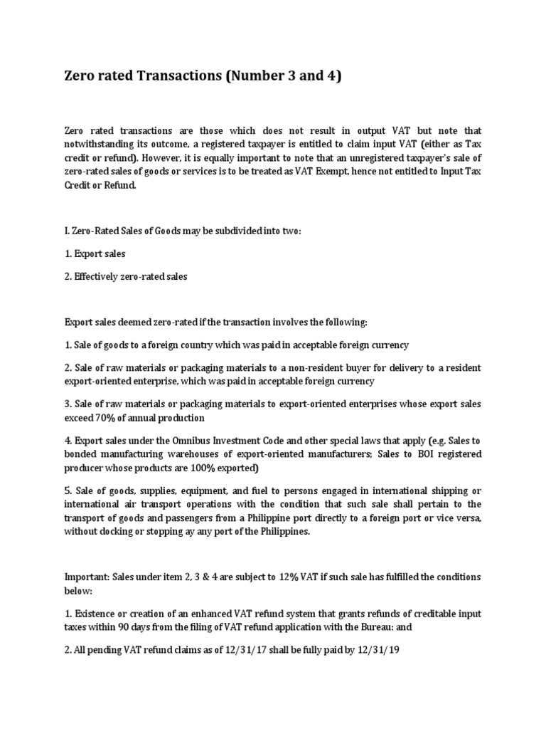 Zero Rated Transactions PDF Value Added Tax Exports