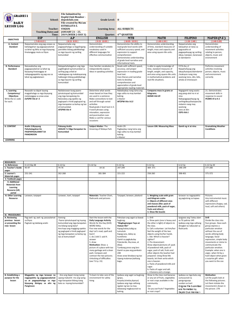 Grade 2 Daily Lesson Log: Week 2 | PDF | Reading Comprehension | Semiotics