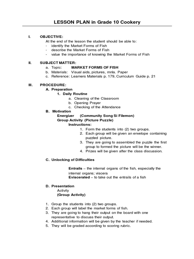 LESSON PLAN in Grade 10 Cookery PDF Lesson Plan Pedagogy