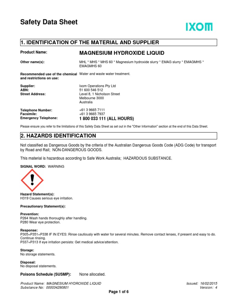 SDS of Magnesium Hydroxide PDF Dangerous Goods Silicon Dioxide