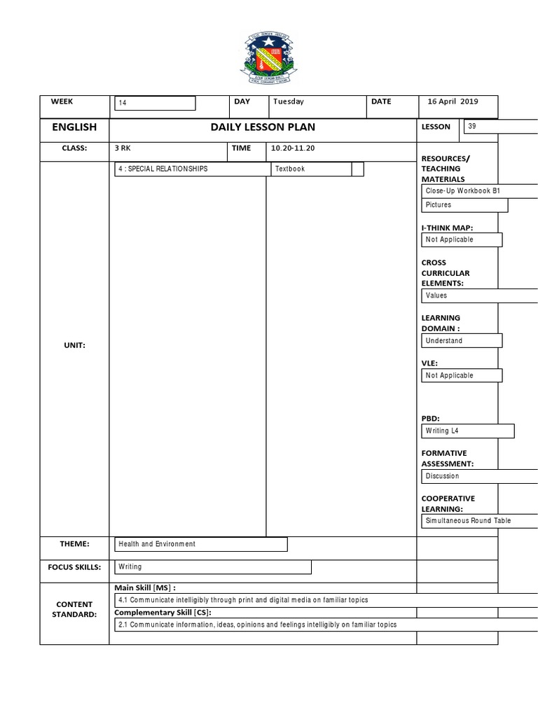 Lesson 39 Writing LP FORM 1 ENGLISH PDF Lesson Plan Semiotics