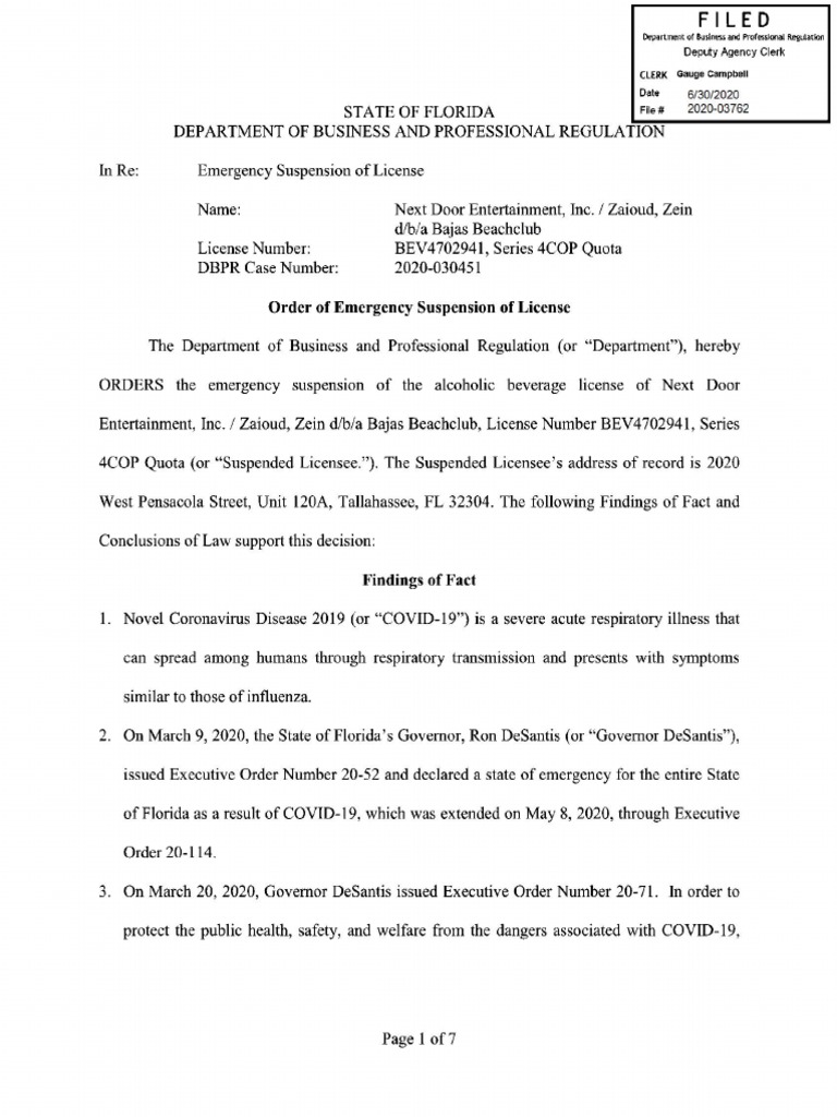 DBPR Emergency Suspension Order Bajas PDF