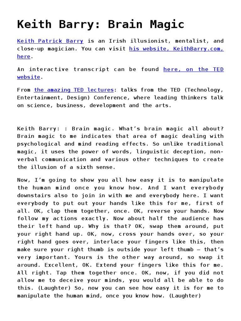Keith Barry's Brain Magic Explained | PDF | Magic (Illusion) | Mentalism
