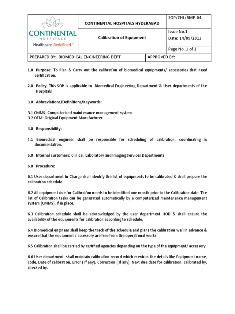 Biomedical Equipment Calibration SOP | PDF | Biomedical Engineering ...