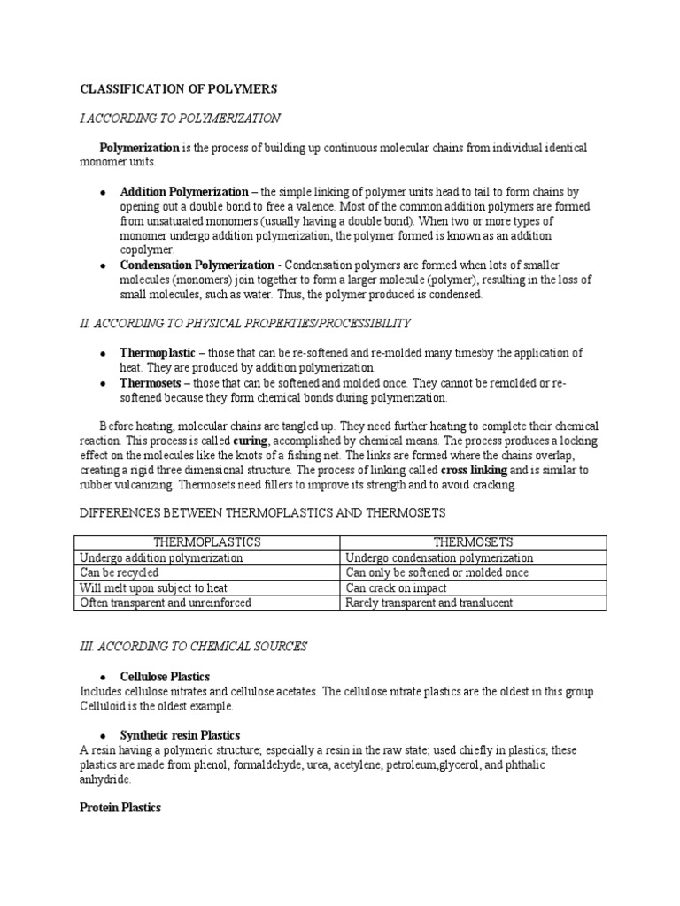 Classification of Polymers | PDF | Polymers | Polymerization