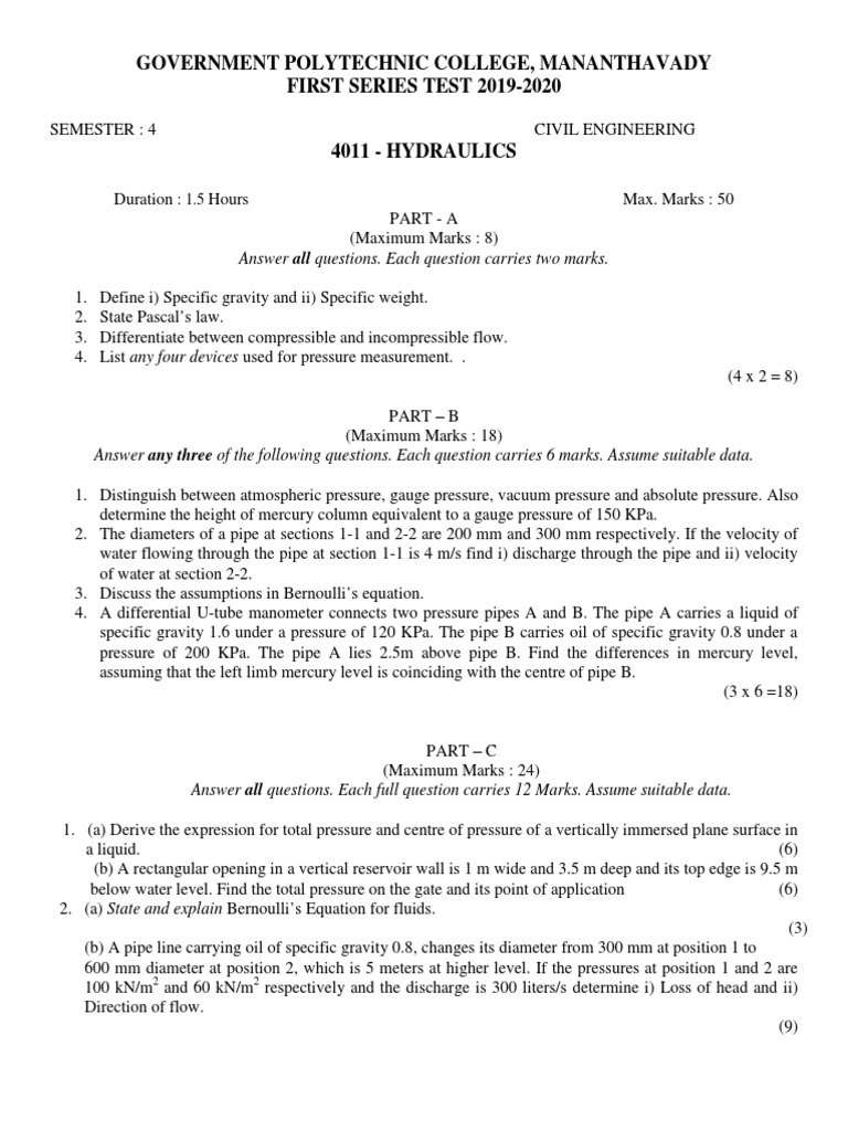 Hydraulics Test for Civil Engineering | PDF | Pressure Measurement ...