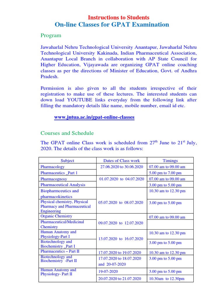 GPAT Online Class Schedule and Instructions | PDF | Pharmacology ...