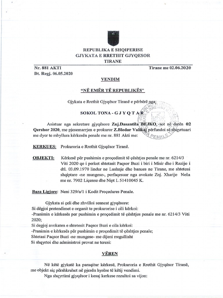 VENDIM - Gjykata e Rrethit Gjyqesor Tirane | PDF