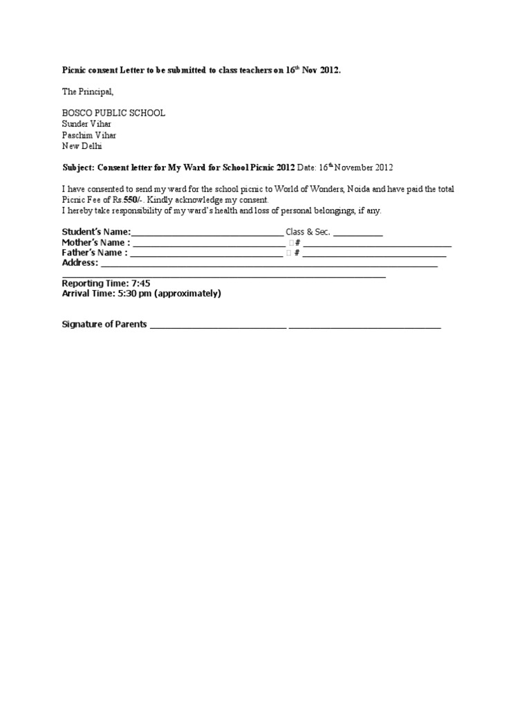 Picnic Consent Letter To Be Submitted To Class Teachers On 16 Nov 2012 ...