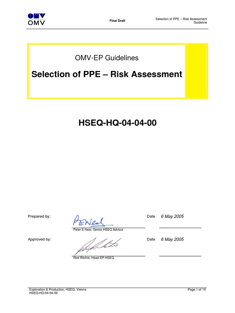 Selection of PPE Risk Assessment OMVEP Guidelines PDF Personal