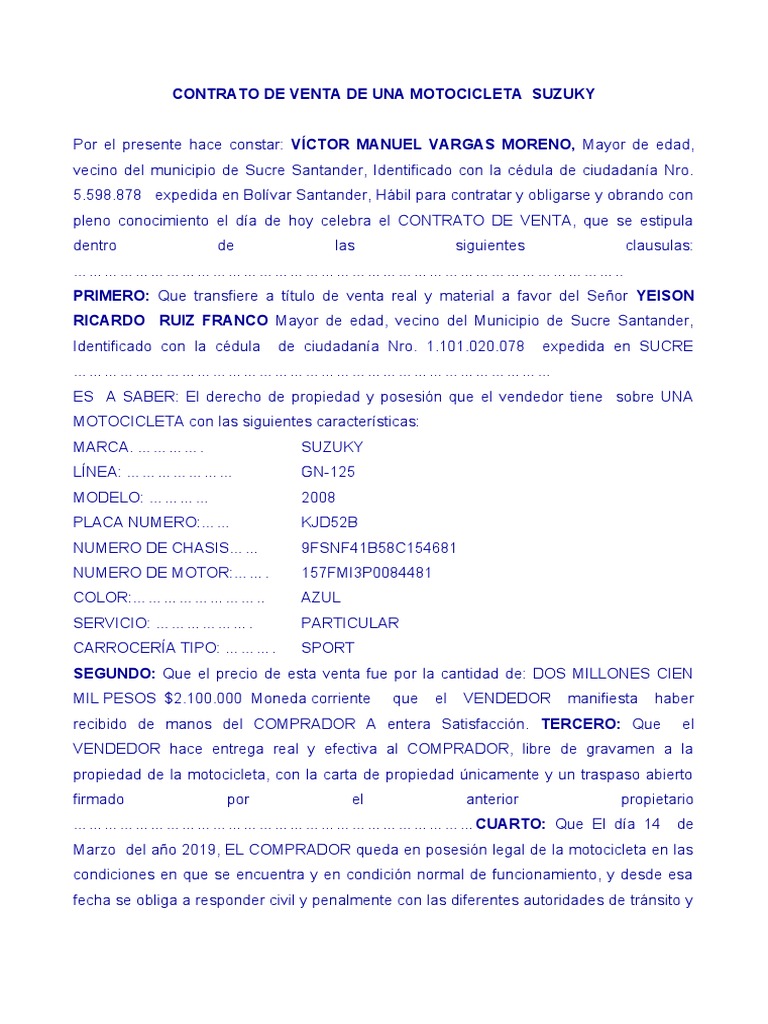 Contrato de Venta de Motocicleta Suzuki | PDF | Justicia | Crimen y ...