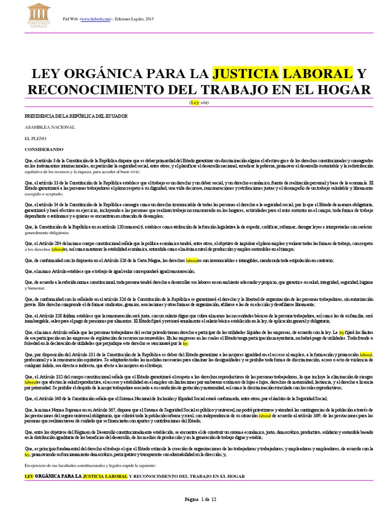 Ley Organica para La Justicia Laboral y Reconocimiento Del Trabajo en ...