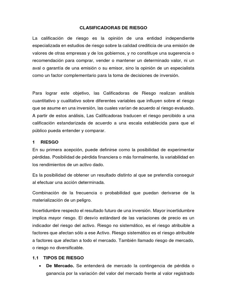 Clasificadoras de Riesgo y Tipos de Riesgo | PDF | Compartir (Finanzas ...