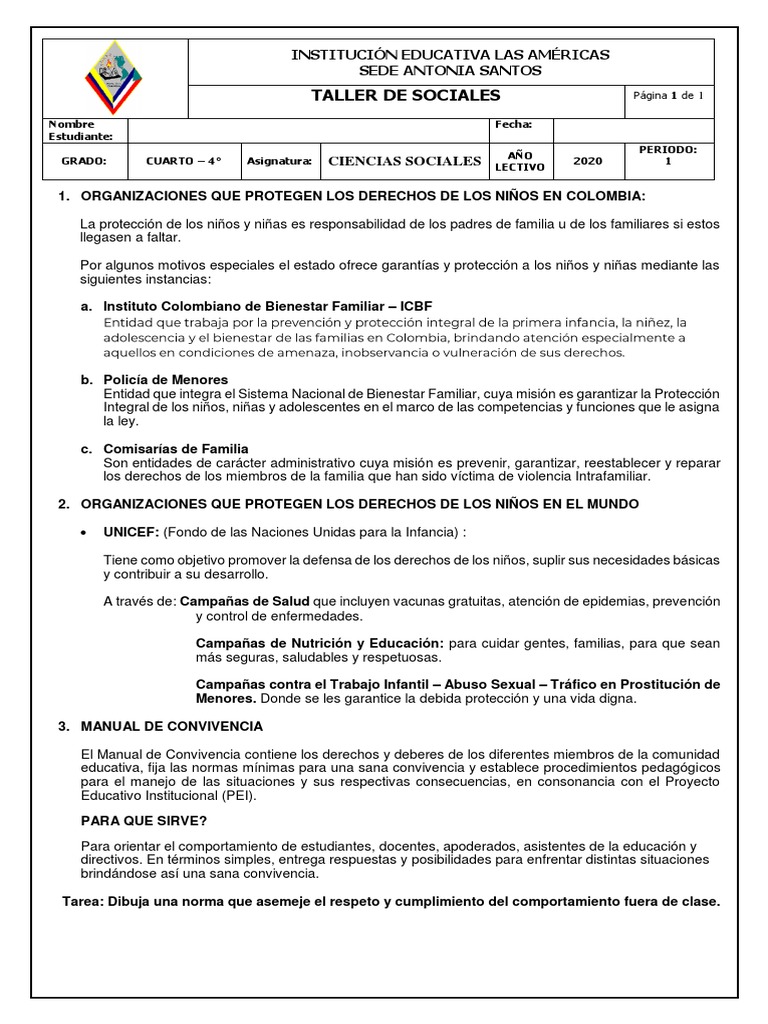 Taller de Sociales para Grado Cuarto | PDF | Unicef | Colombia