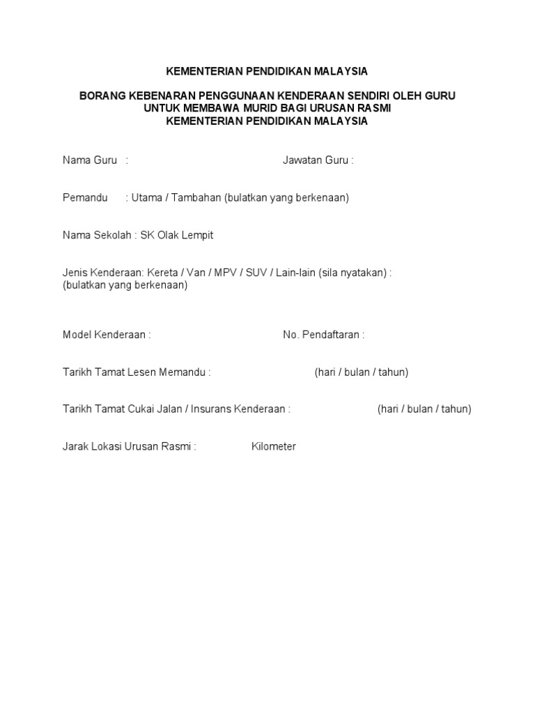 Surat Kebenaran Menggunakan Kenderaan Sendiri | PDF