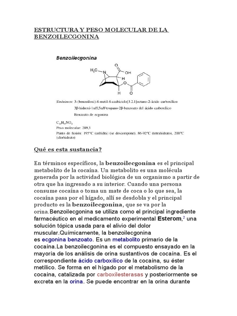 Estructura y función de la benzoilecgonina | PDF