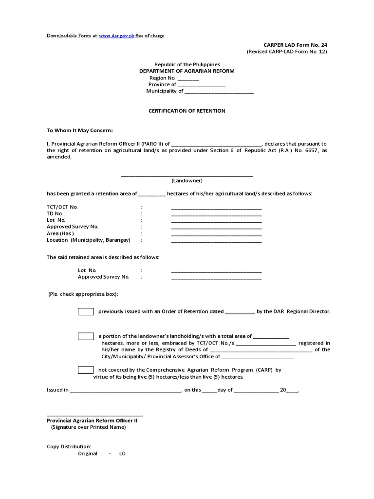 Carper Lad Form No 24 Certificate of Retention PDF Real Property