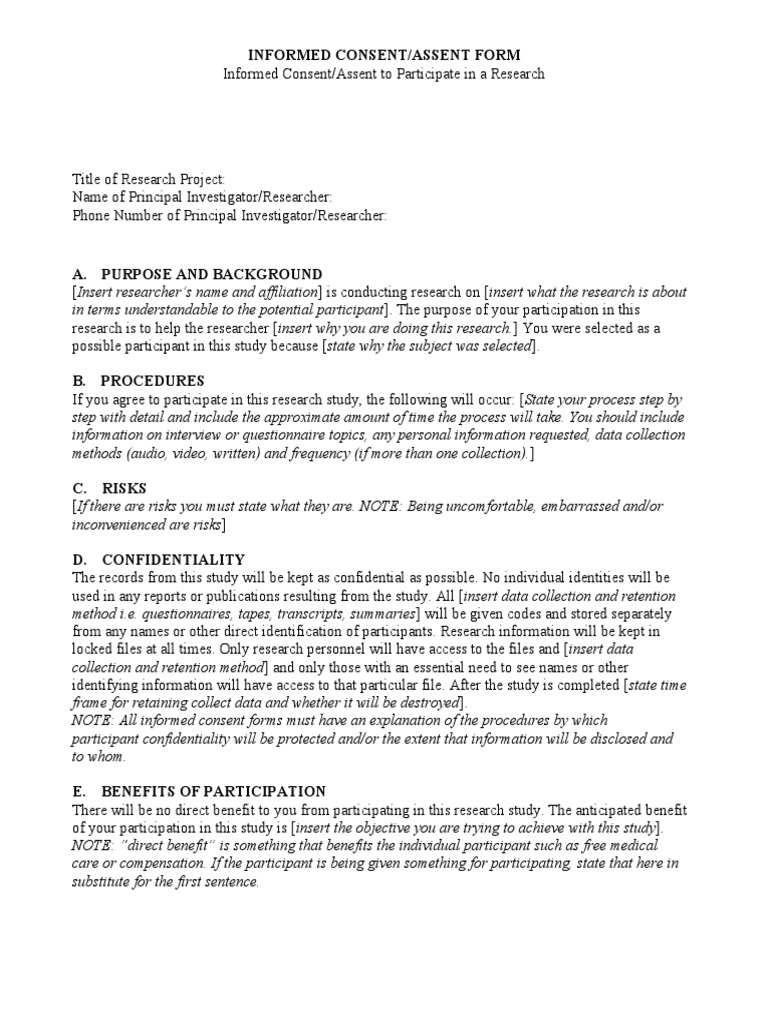 Informed Consent Assent Form Pdf Informed Consent Business