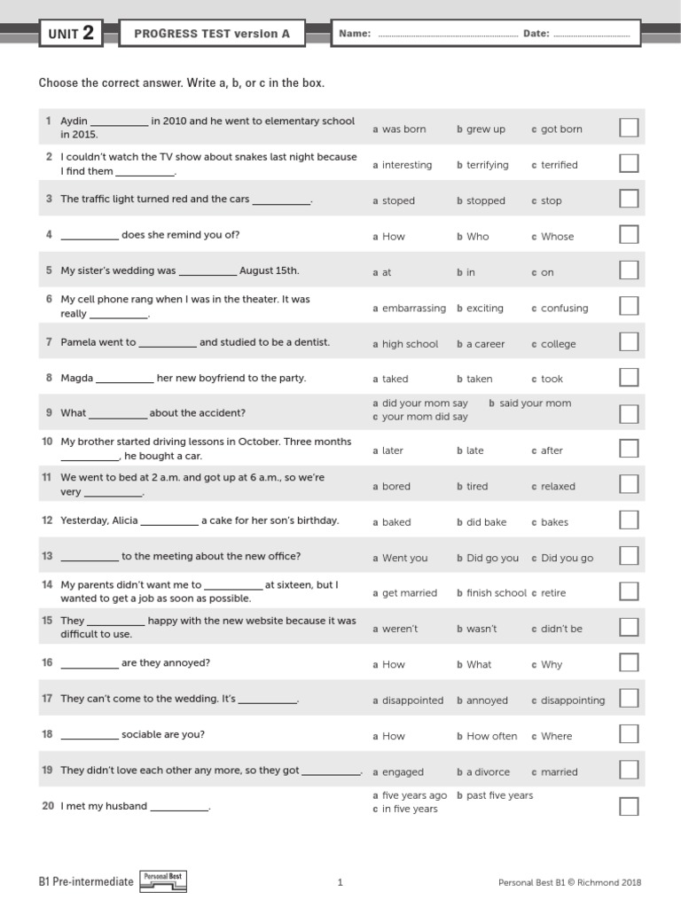 Progress Test Version A: Choose The Correct Answer. Write A, B, or C in ...