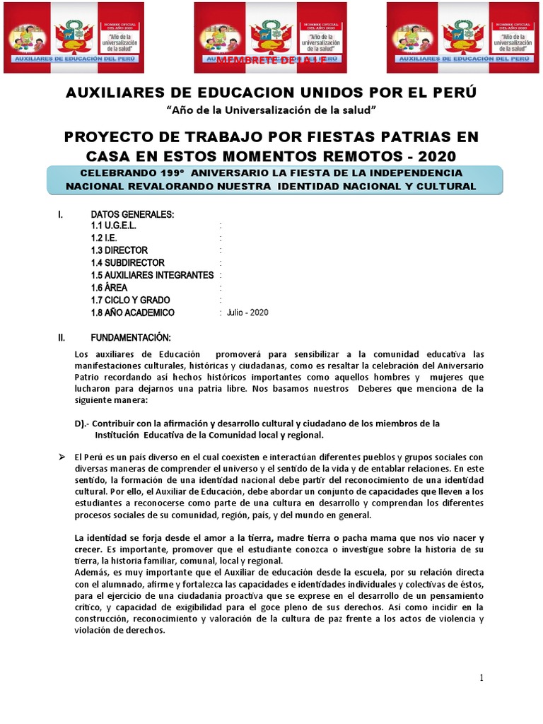 Plan De Trabajo Fiestas Patrias Oficial 2020 Auxiliares Del Peru Pdf