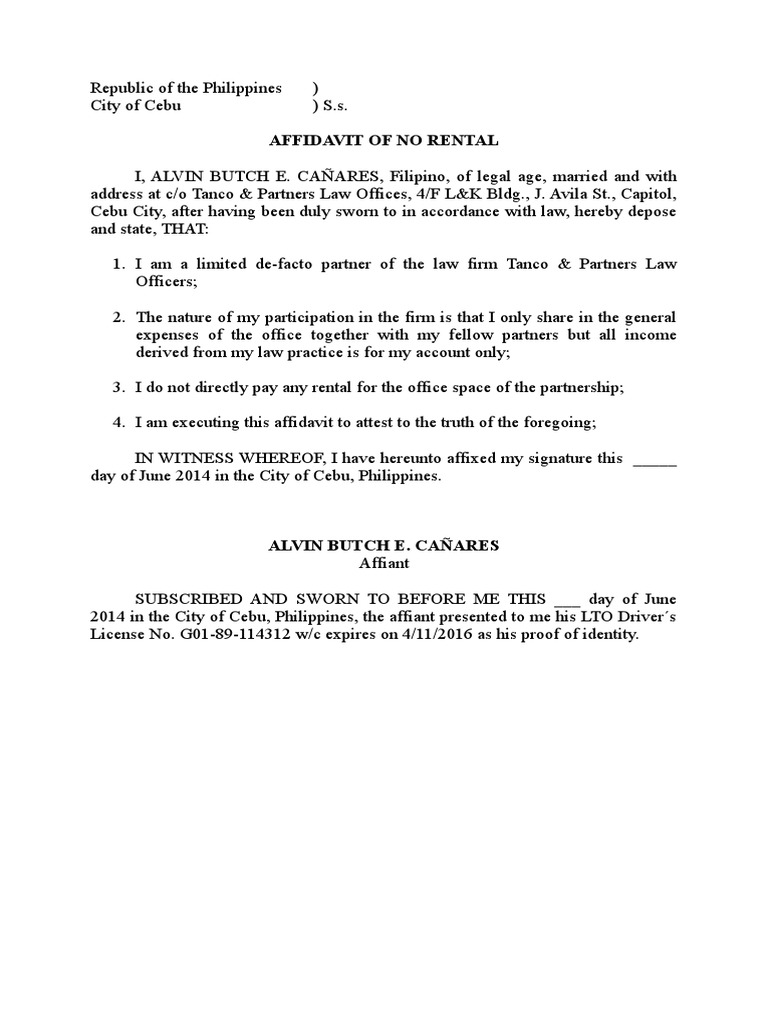 Affidavit of No Rental in Cebu | PDF | Law