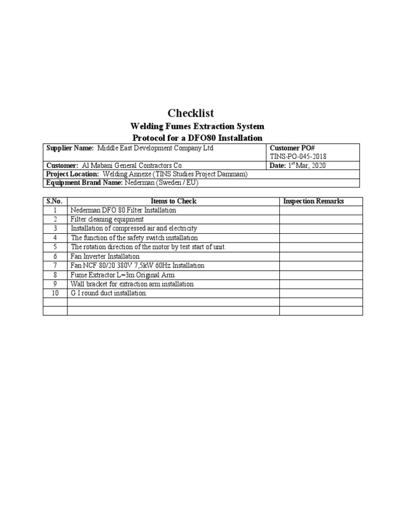 Checklist Welding Fumes Extraction System Protocol For A DFO80