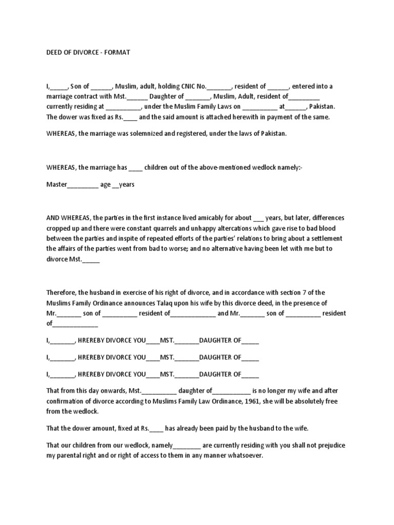 Divorce Deed Format in Pakistan | PDF