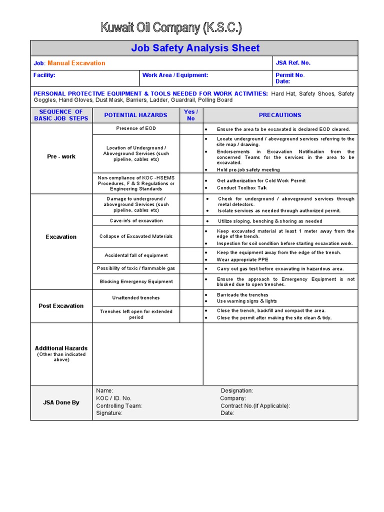 Manual Excavation Job Safety Analysis | PDF | Personal Protective ...