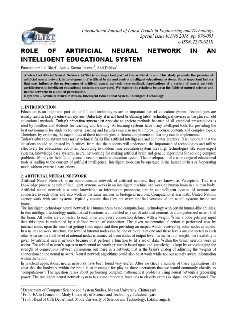 ANN's Role in Intelligent Education Systems | PDF | Artificial Neural ...