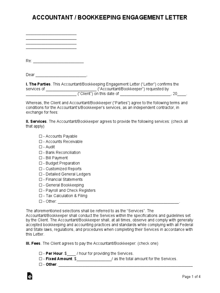 Accountant/Bookkeeping Engagement Letter | PDF | Indemnity | Bookkeeping