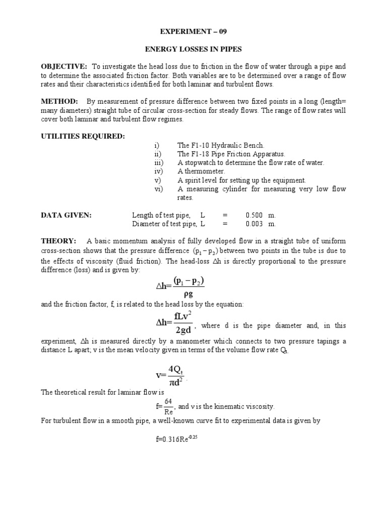 Energy Losses in Pipe Flow Experiment | PDF | Fluid Dynamics | Pressure ...