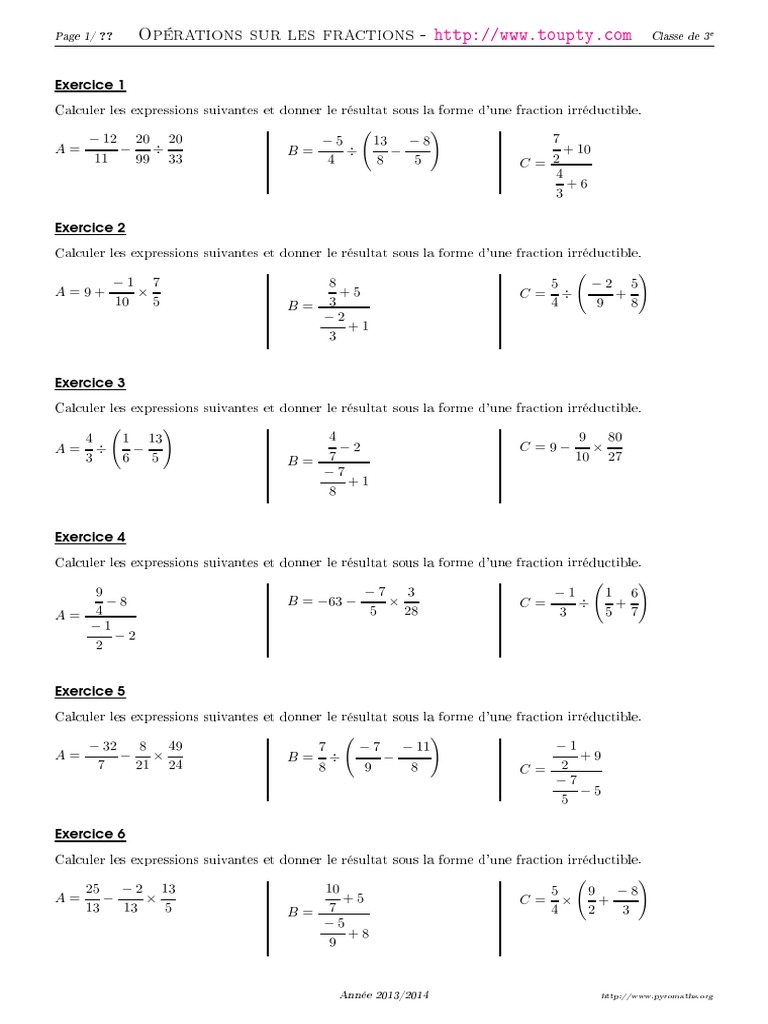 Exercices de Fractions Irréductibles 3ème PDF — free download
