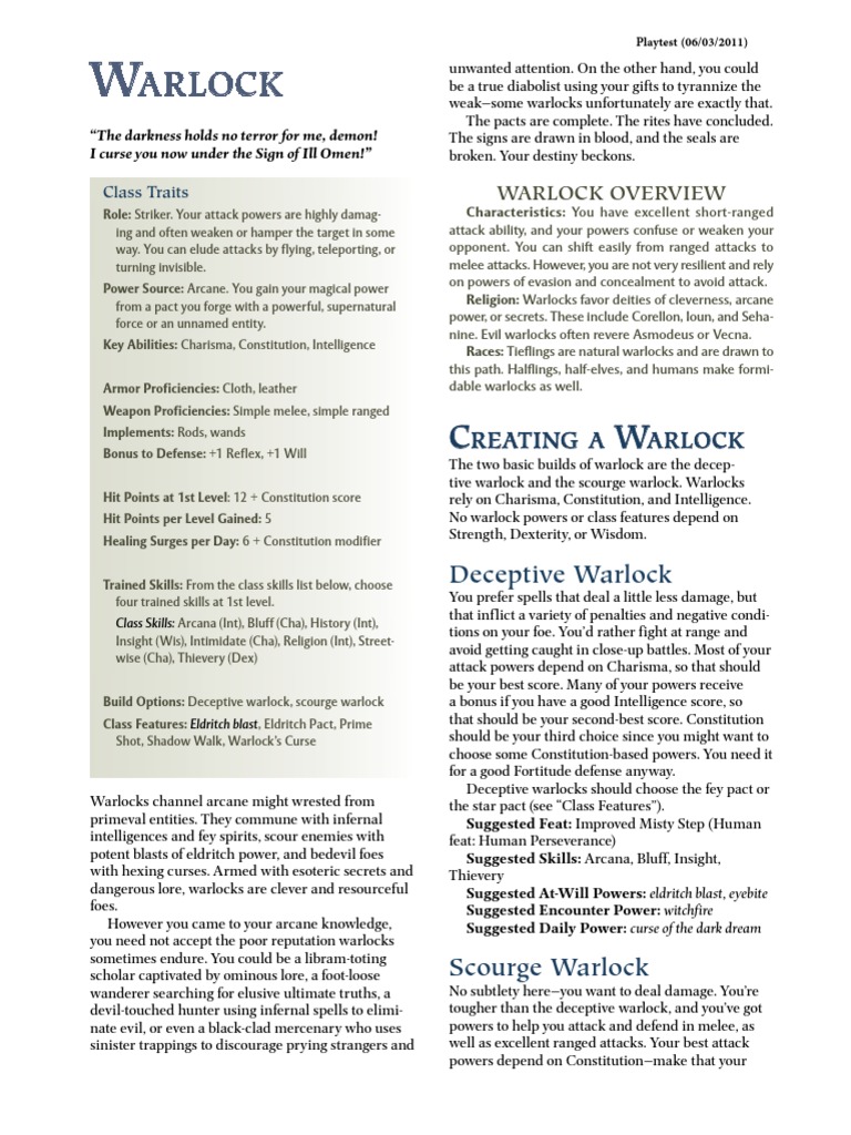 Warlock Playtest PDF PDF Dungeons & Dragons