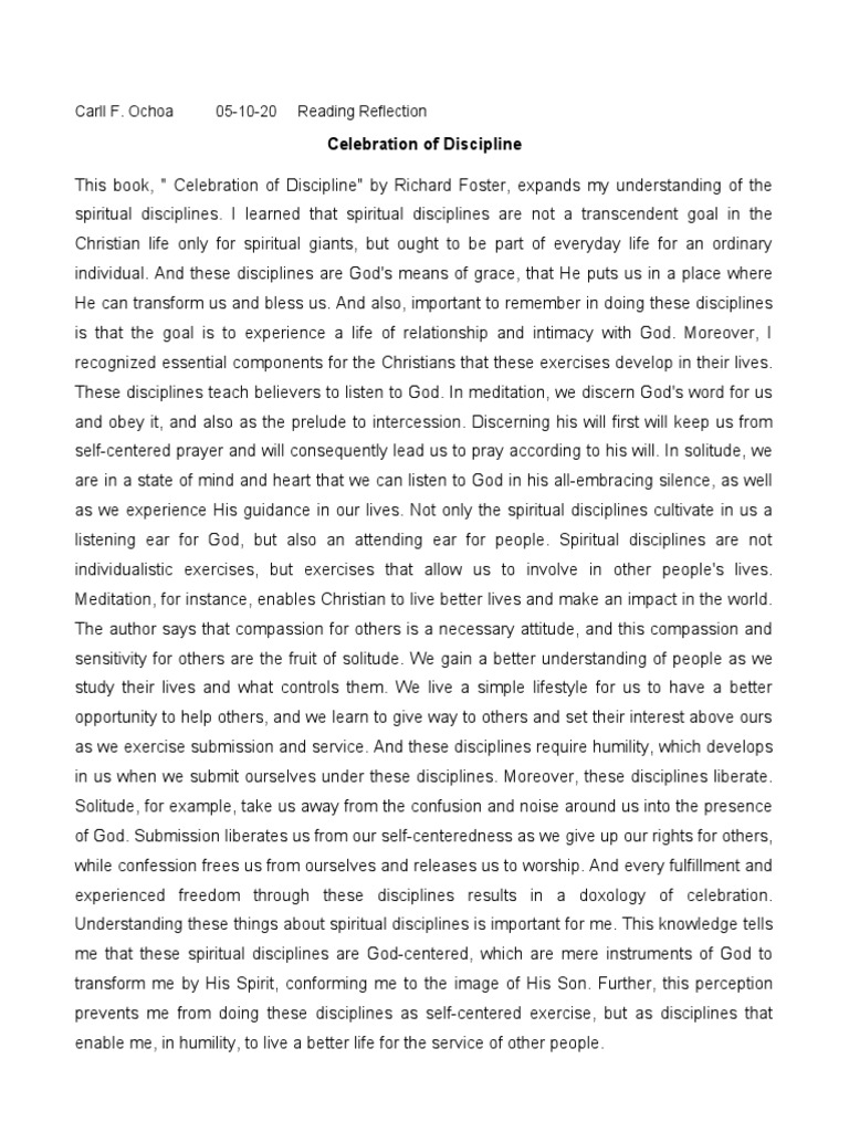 Celebration of Discipline Carll F. Ochoa 051020 Reading Reflection