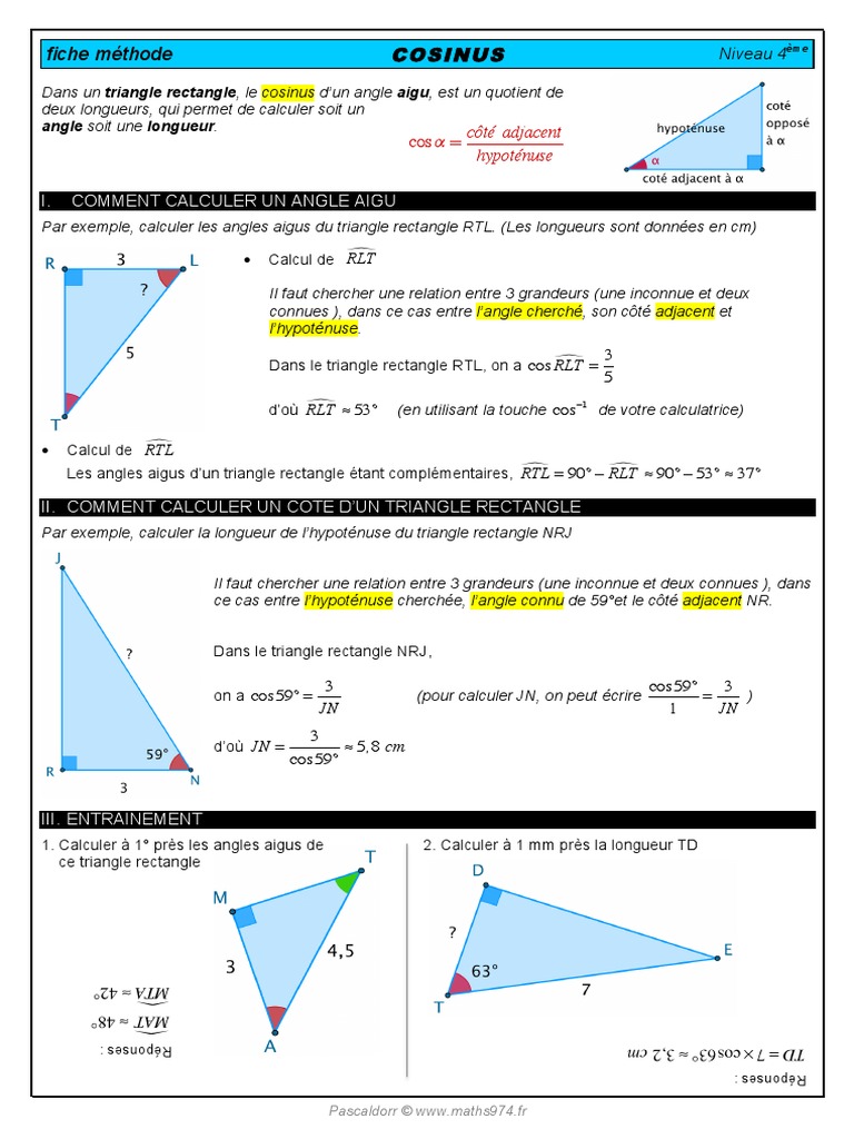 Comment Trouver Le Coté Adjacent D un Triangle Rectangle FM Cosinus | PDF | Fonction trigonométrique | Angle