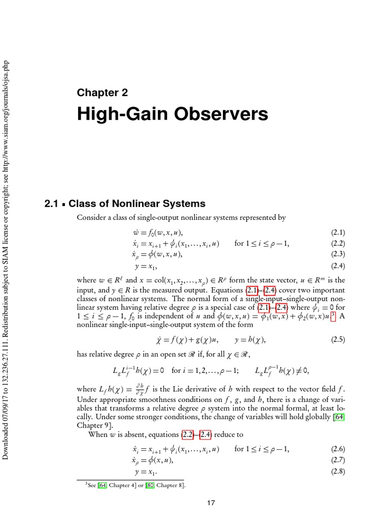 High-Gain Observers: 2.1 Class of Nonlinear Systems | PDF | Nonlinear ...