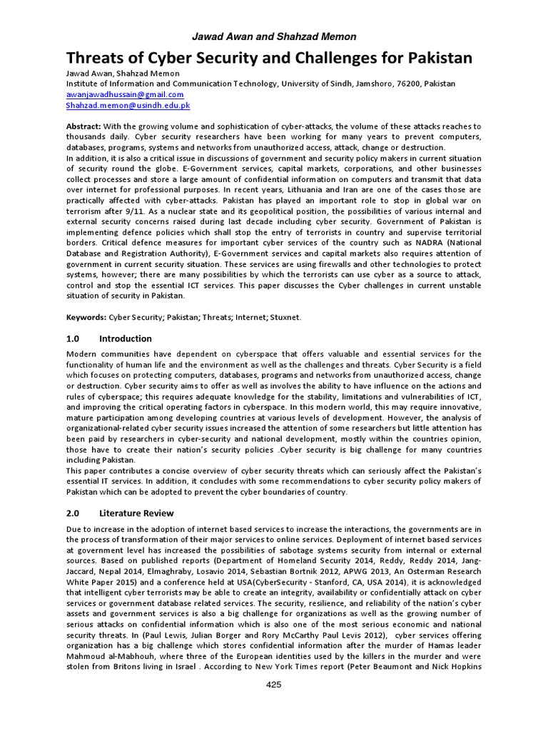 Threats Of Cyber Security And Challenges For Pakistan Jawad Awan And