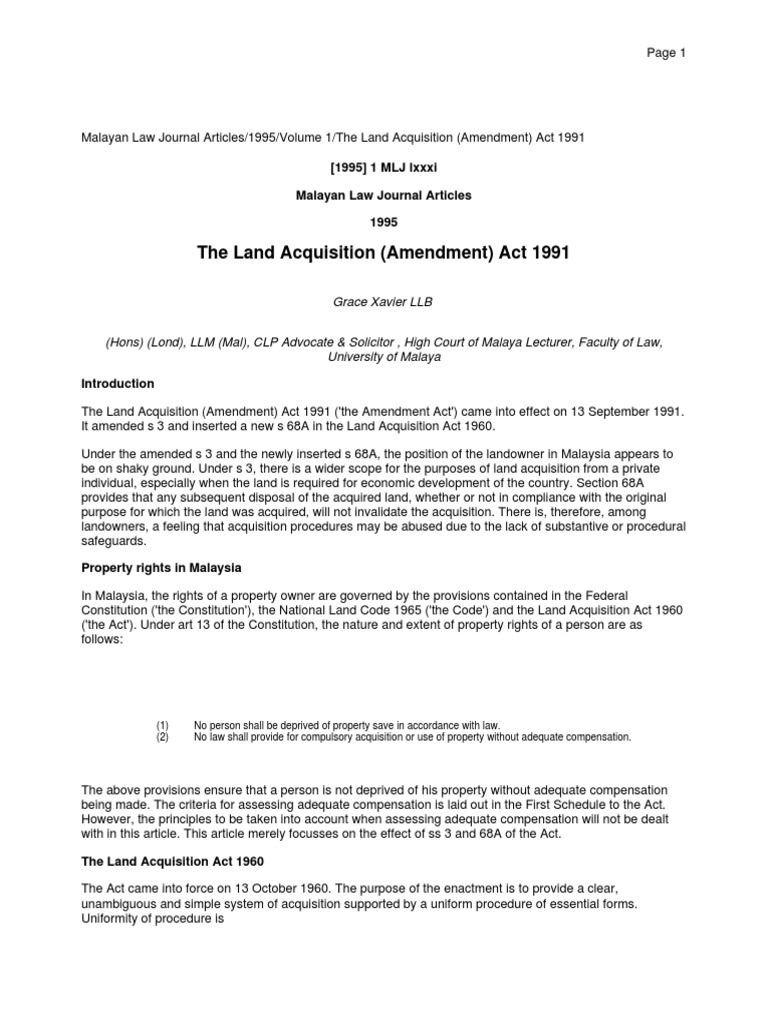 Land Acquisition Amendment Act 1991 Analysis | PDF | Eminent Domain ...